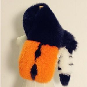 Fox Fur Stole - Navy/Orange/White